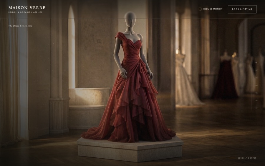 Maison Verre bridal atelier website concept with a red gown in a grand interior
