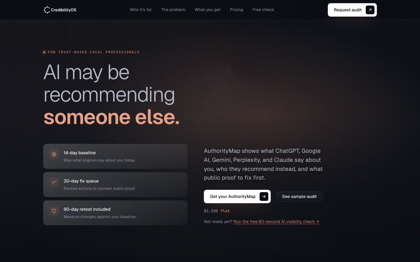 CredibilityOS dark product website explaining AI recommendations and source visibility